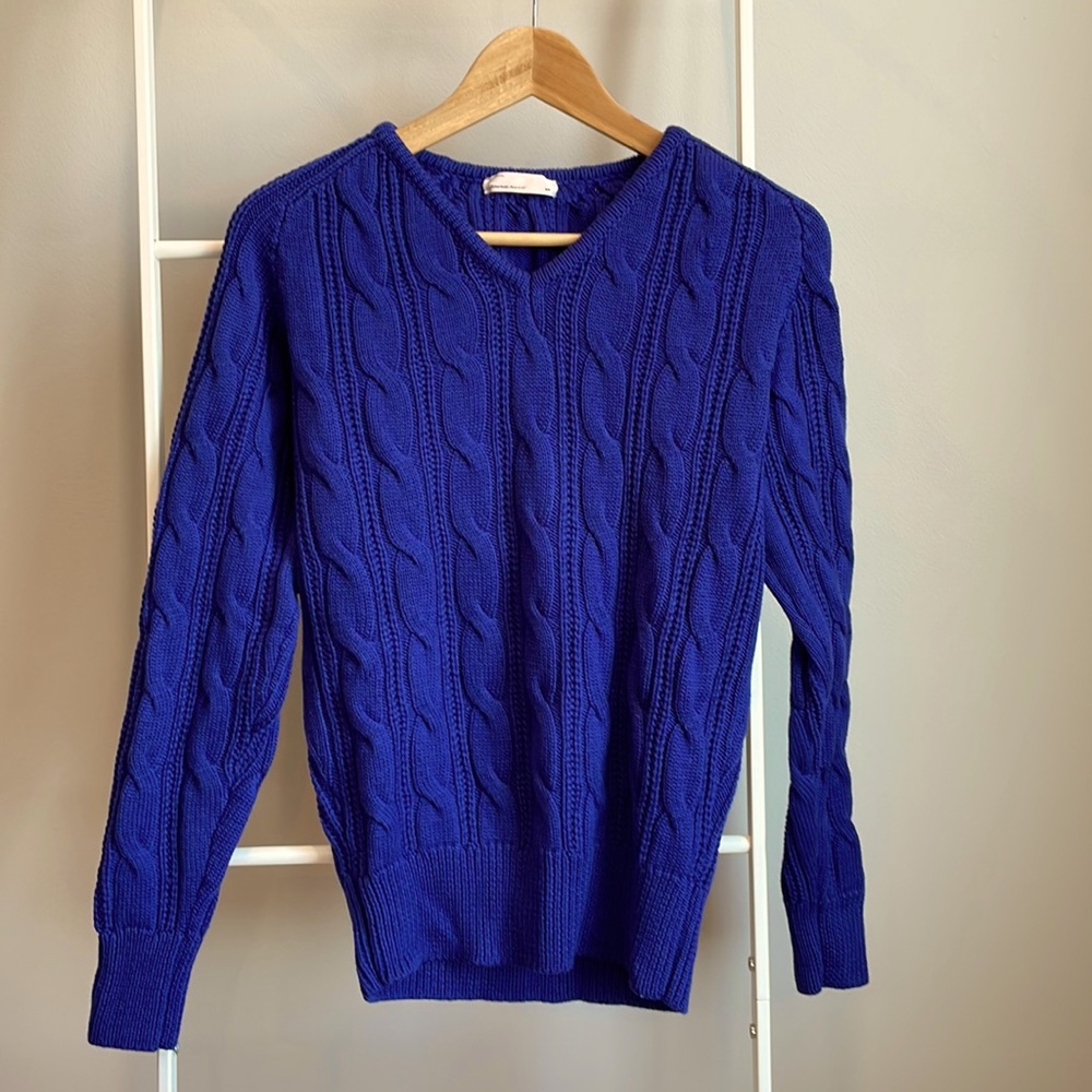 Men’s American Apparel Royal Blue Cable Knit V-neck Sweater - 100% Wool XS NWOT